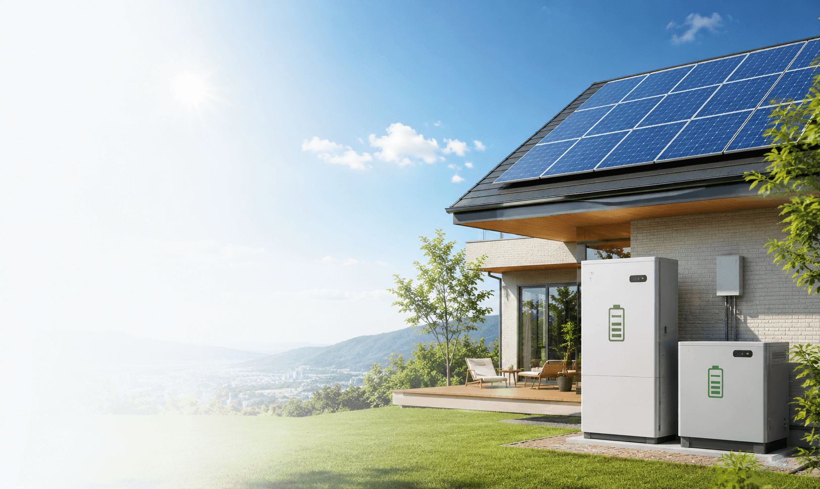 Casa com painéis solares no telhado e baterias de armazenamento